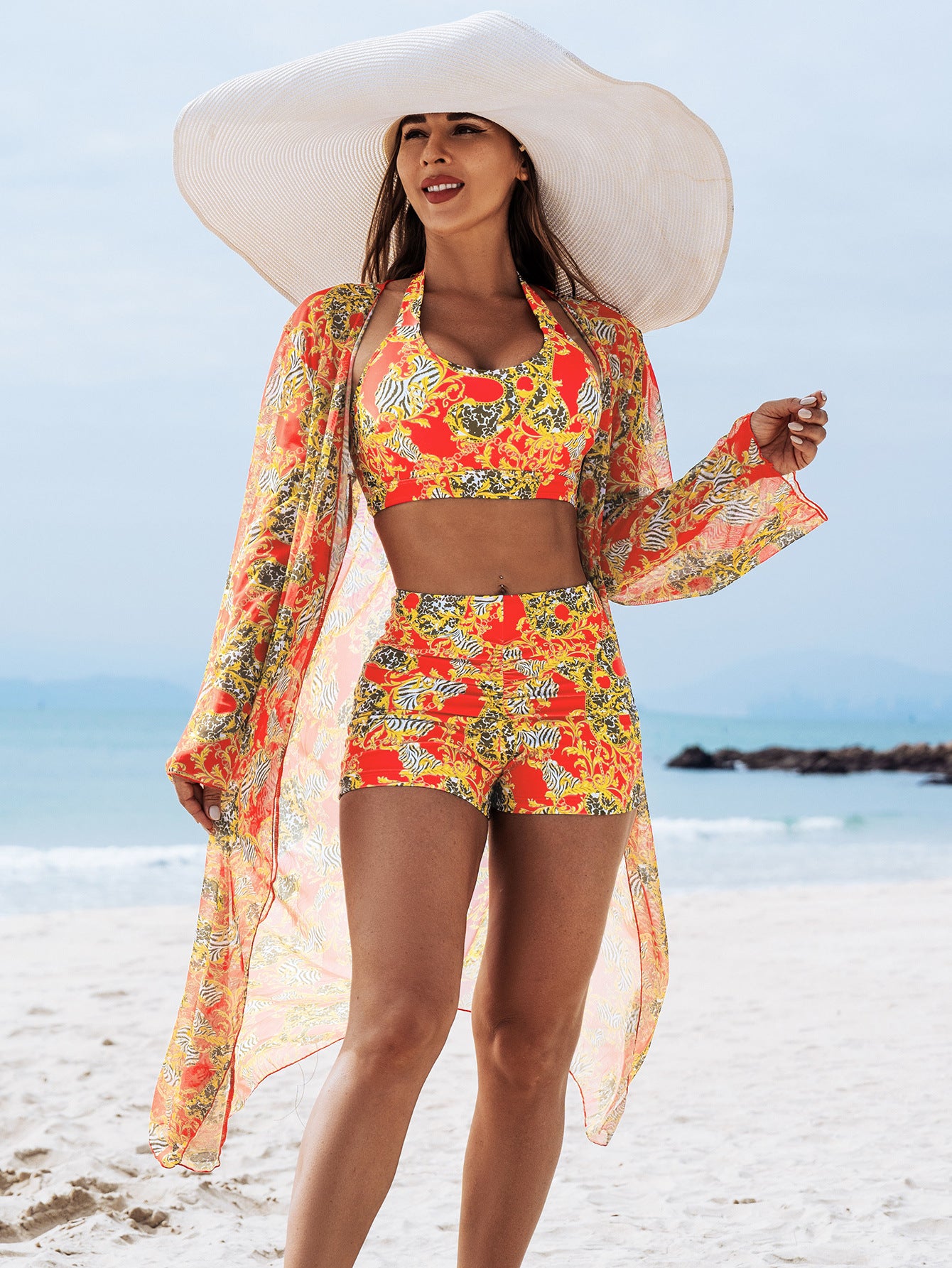 FashionableStyle Sexy Women's Three-Piece Bikini Set with Multi-Color Print Swimwear
