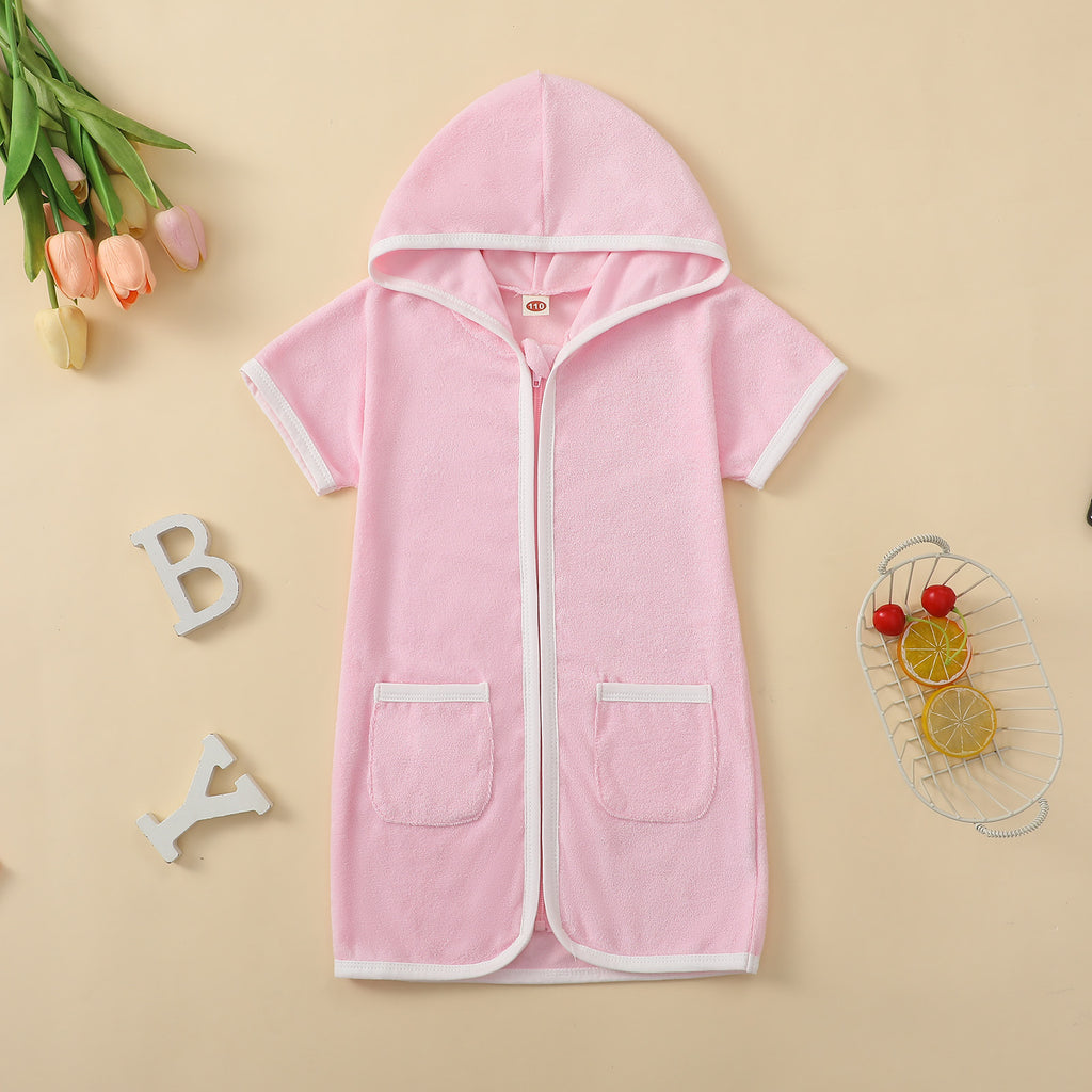 Summer New Hooded Short Sleeve One-Piece Swimwear for Kids, Fresh and Comfortable Cute Baby Long Swim Dress