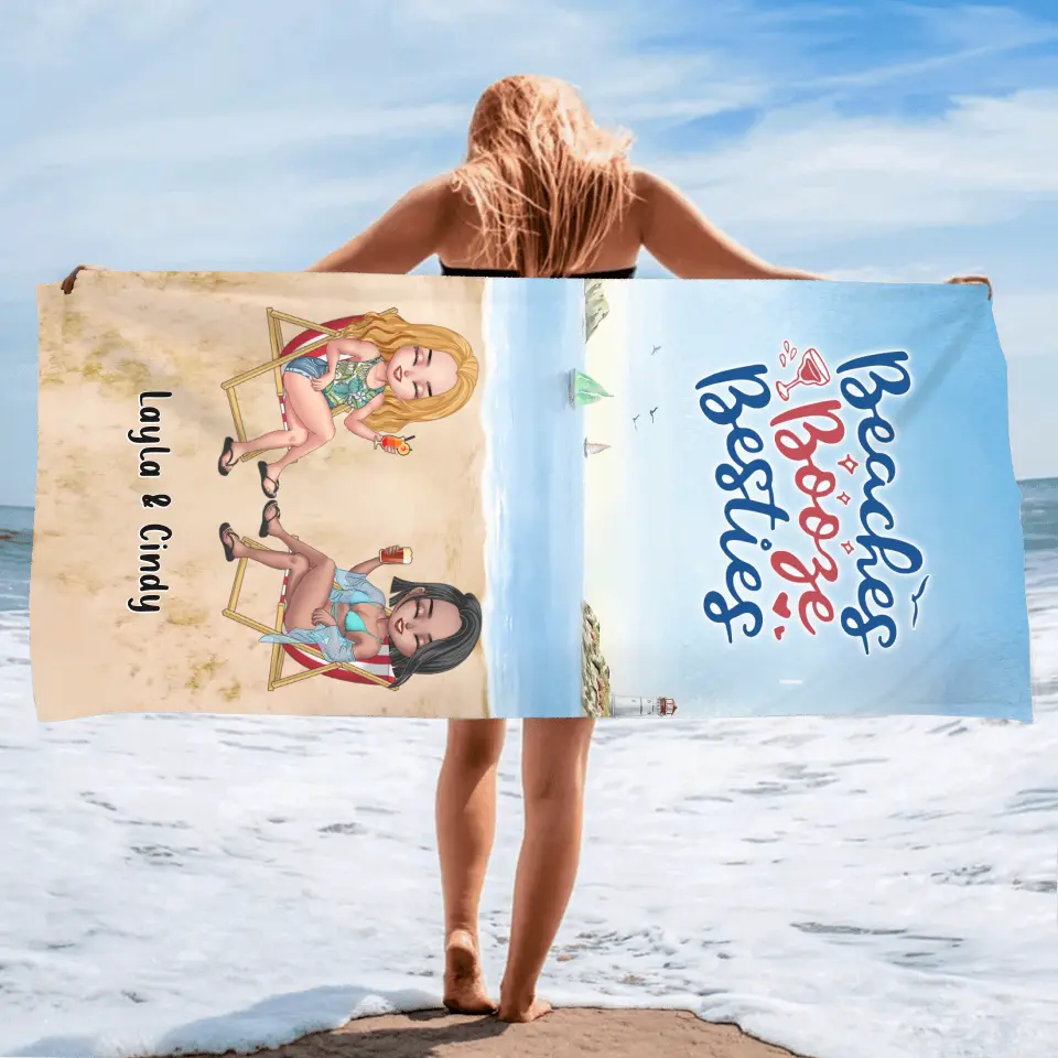 Personalized Besties Beach Towel - Up to 4 People - Gift Idea For Besties/Friends - Beaches Booze Besties