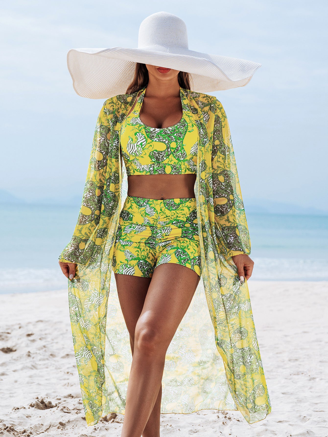 FashionableStyle Sexy Women's Three-Piece Bikini Set with Multi-Color Print Swimwear