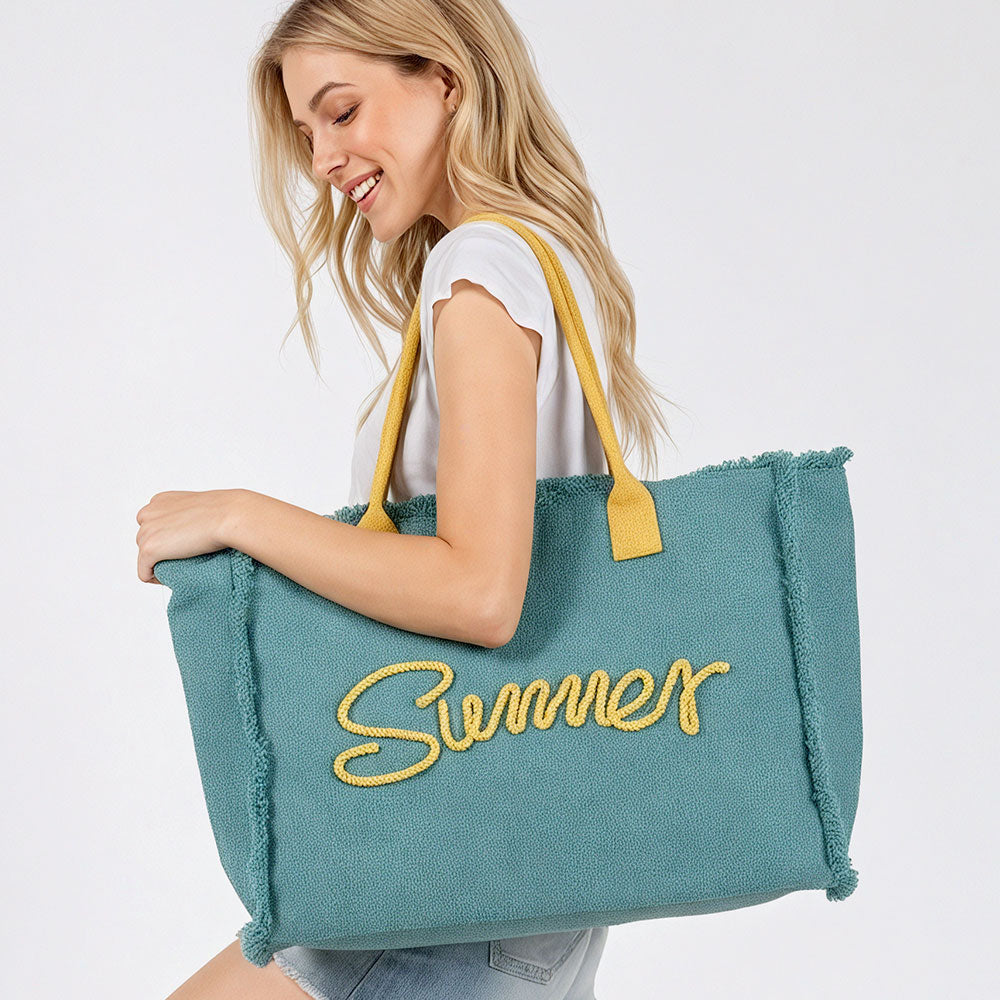 SUMMER Message Embroidered Fringe Canvas Tote Beach Bag