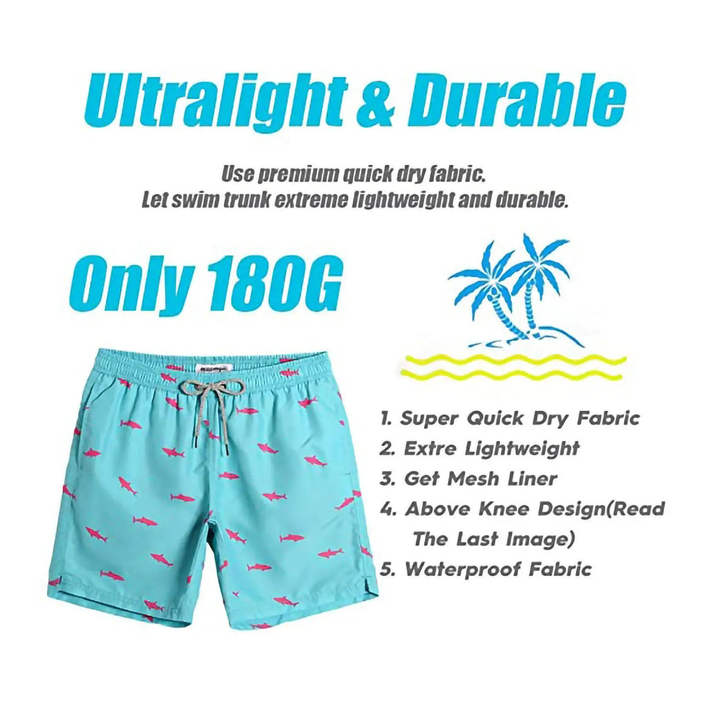 Men's Pink Shark Print Quick Dry Swim Trunks
