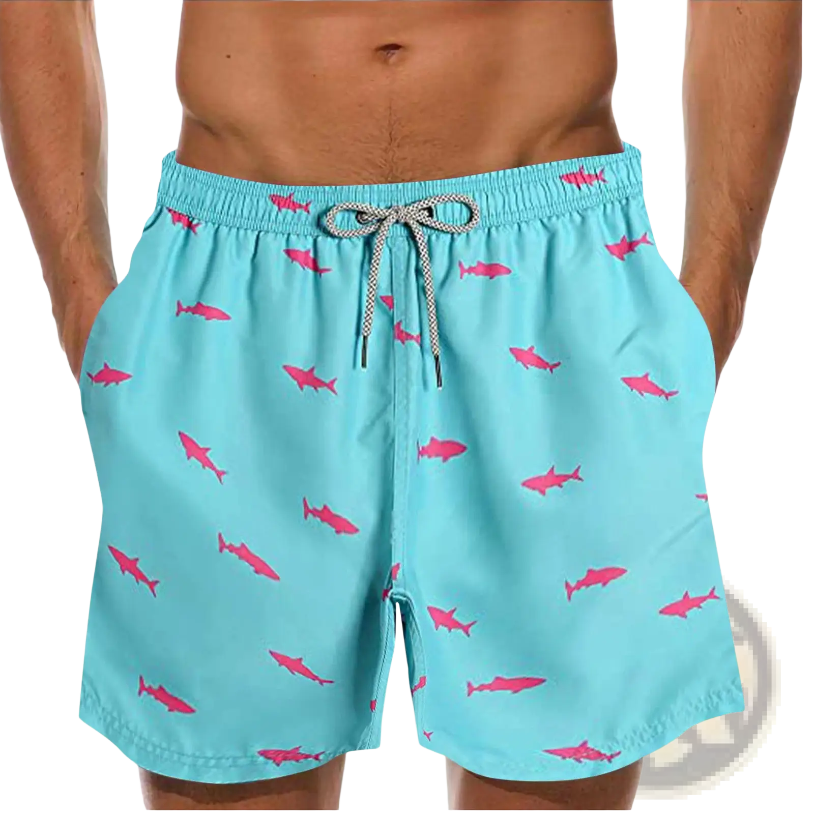 Men's Pink Shark Print Quick Dry Swim Trunks