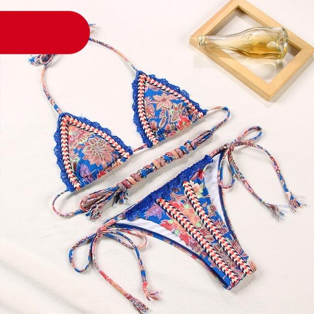Vintage Print Bikini Female Handwork Small Ruffle Swimming Suit For Women Swimwear High Cut Bikini Set String Print Halter String Triangle Bikini Set Luxury Swimwear Two Piece Swimsuit